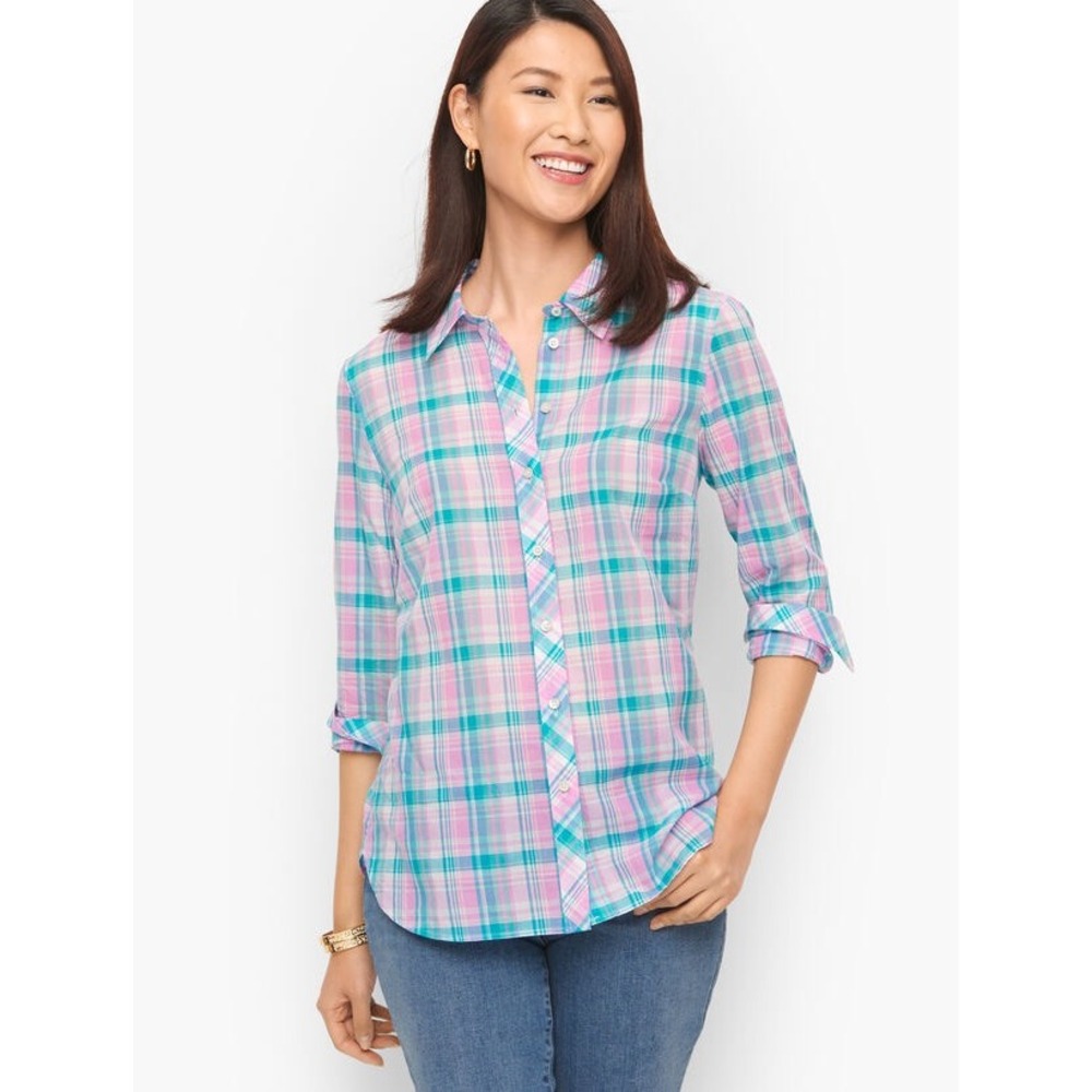 Talbots Tulip‎ Plaid Button Front Shirt Size XLP Preppy Pastel Classic Colorful